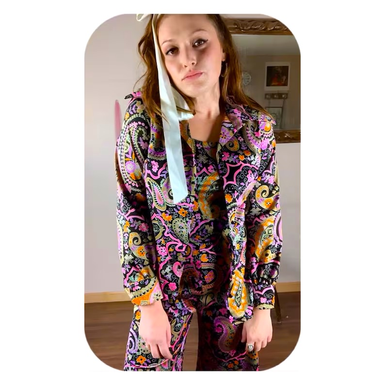 70s Fantasy Vintage Black & Pink Multicolor Paisley Polyester 3 Pc Matching Set